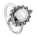 Sterling Silver Marcasite Mother of Pearl Inlay Band Ring