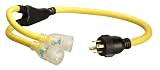 Coleman Cable 3-Foot Generator Power Cord Adapter, 10/4 Splitter Y Adapter, L14-30P to (2) 10/3 Lighted 5-20R 01934