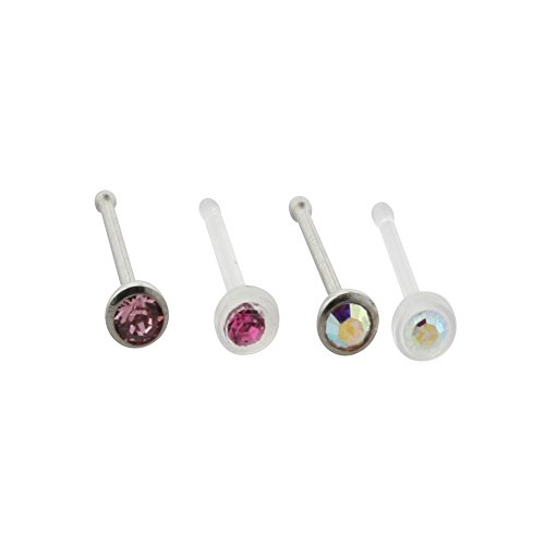 Hotsilver Body Jewelry 4 Pack - 22G (2) Surgical Steel Nose Studs with (2) Retainer - Aurora and Pink with Crystals