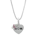 Sterling Silver Mom Heart with Pink Crystal Bootie Pendant, 18