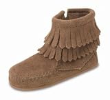 Double Fringe Side Zip Bootie for Infants by Minnetonka Moccasins in Taupe Suede