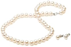 Sterling Silver Freshwater Cultured Pearl 6-6.5mm Girl's Necklace and Earring Set, 15"