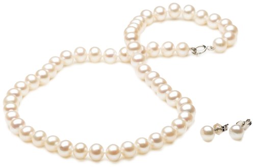 Sterling Silver Freshwater Cultured Pearl 6-6.5mm Girl's Necklace and Earring Set, 15