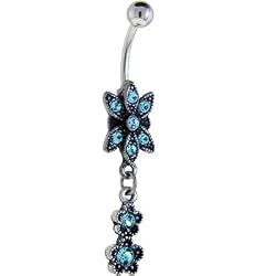 Antique Silver Solar Blue Gem Organza Dangle Belly Ring