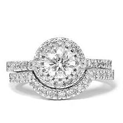 1.00CT Pave Halo Diamond Engagement 14k White Gold Wedding Ring Band Anniversary Set