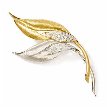 18kt Two Tone Floral Leaf Pin W Diamond