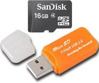 Sandisk 16GB Micro SDHC Class 4 TF Memory Card for Samsung Galaxy S II AT&T GALAXY Note with Everything But Stromboli Micro SD Orange Card Reader - Bulk Packed