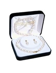 14k Gold White Rice Pearl Necklace and Earring Set 6.5-7mm Valentines Gift for Women