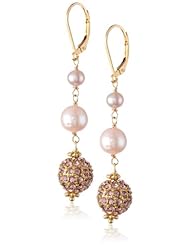 Pink Cubic-Zirconia Pave and Pink Freshwater Cultured Pearl Linear Drop Earrings