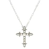 Sterling Silver White Freshwater Cultured Pearl and White Topaz Carved Cross Necklace (5-9mm), 18