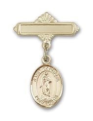 Gold Filled Baby Badge with St. Barbara Charm and Polished Badge Pin