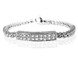 14K White Gold Square Italian Link Bracelet with Identification Bar, with Pave Set Diamonds