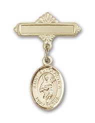 Gold Filled Baby Badge with St. Scholastica Charm and Polished Badge Pin