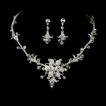 Silver Swarovski Crystal Bridal Necklace Earring Set