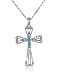 Sterling Silver and Marquise Blue Topaz Diamond Cross Pendant Necklace, 18"