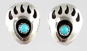 Southwestern Native American Handcrafted Bear Paw Earrings in Sterling Silver and Turquoise, #2399