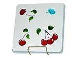ArtisanStreet's Square Cherry Design Stove Burner Cover Set, Set of 4. Hand Painted with Ruby Red Cherries on a White Background.