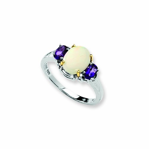 Sterling Silver And 14k Opal And Amethyst Ring