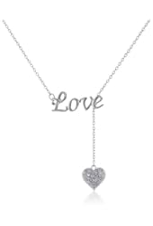 Sterling Silver Cubic Zirconia "Love" and Pave Heart Lariat Necklace (0.3 cttw), 16.5"+2" Extender
