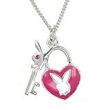 Sterling Silver Playboy Necklace Pink Enamel Heart Lock and Key Charms Bunny Logo Rabbit Head Design Authentic Licensed Jewelry SPBN2899