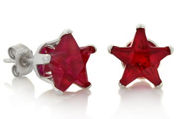 July Birthstone Ruby Red Star Cut Cubic Zirconia CZ Silver Stud Earrings