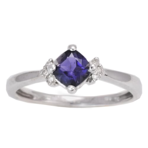 10K White Gold Iolite Exotic Gemstone and Diamond Diagonal-Set Cushion-Cut Solitaire Ring, Size 7