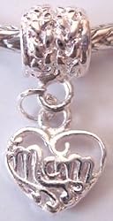 Murano Style Silver Plated Charm Dangle Fits Pandora Heart-Shaped Pendant with "Mom" Inscribed (1)