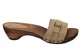 Ladies Sanita Safari Beige Leather Wooden Mules