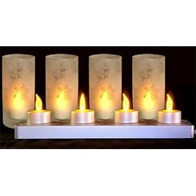  Mr. Light Set of 4 Rechargeable White Tealights w/Flickering Amber LEDs, Snowflake Design Glass Holders, and Charger Base