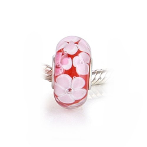 Bling Jewelry .925 Sterling Silver Murano Red Flower Bead Compatible with Pandora Bead Bracelet