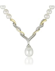 S&G Sterling Silver and 14k Yellow Gold Freshwater Cultured Pearl Diamond-Accented Drop Necklace, 17"