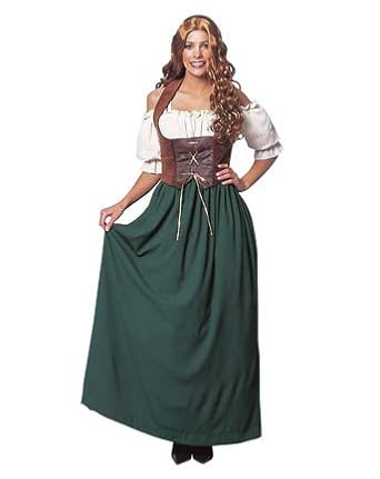 Womens Adult Renaissance Tavern Wench Halloween Costume with One-Piece Green Skirt and attached Peasant Blouse with Brown Corset