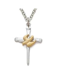 .925 Sterling Silver Holy Spirit Peach Dove Necklace in a 2-Tone Nail Cross Pendant Design Christian Jewelry Womens Religious Jewelry Gift Boxed.w/Chain Necklace 18" Length Gift Boxed.