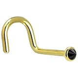 Solid 14KT Yellow Gold 2mm Black Diamond Spike Right Nostril Screw - 18 Gauge