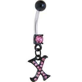 Black Anodized PINK Jeweled Initial Belly Ring-LETTER "X" by Anodized Belly Rings