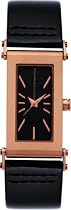 French Connection Gold Ladies Black Dial Black Leather Strap Watch