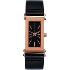 French Connection Gold Ladies Black Dial Black Leather Strap Watch