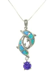 Sterling Silver Created Blue Opal and Purple Cubic Zirconia Double Dolphin Pendant with 18 Inch Box Chain Necklace