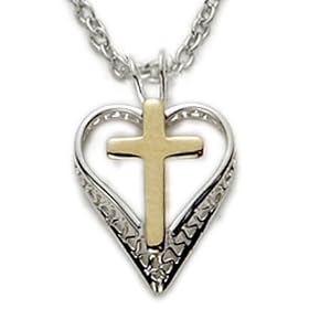 1/2" Sterling Silver 2-Tone Pierced Heart Necklace with Inner Cross on 18" Chain