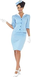Smiffy's Women's Air Hostess Costume with Jacket and Mock Collar Hat Skirt and Gloves, Blue, Large
