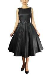80's Rockabilly Black Satin Flare Swing Dress 10/M