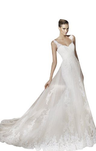 Sheath/Column V-Neck Court Train Tulle/Satin Wedding dress with Ruched/Applique