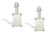 14K White Gold Genuine Emerald-cut Opal and Diamond Drop Earrings