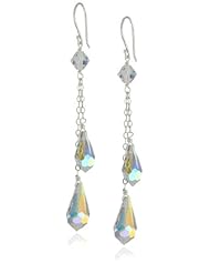 Sterling Silver Swarovski Elements Crystal Aurora Borealis Double Teardrop Earrings