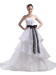A-line Strapless Organza Tiered  Pleated Spring Summer Fall Wedding Dress  with a Court Train  With a Bow(s) and a Ribbon  and a Sash 