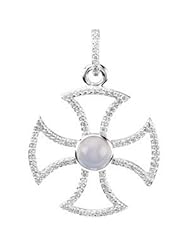 14K White Gold Chalcedony and Diamond Maltese Cross Pendant -- LIFETIME WARRANTY