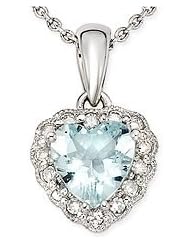 14K White Gold, Accent Diamond and Aquamarine Heart Shaped Pendant with Chain, (.07 cttw, HI Color, I1-I2 Clarity), 17"