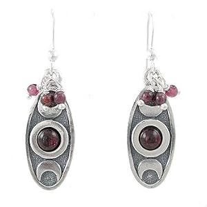 Oval Triple Moon and Rede Inscription Earrings with Garnet Gemstone Beads and Stone in Sterling Silver, #8186