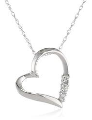 Womens 10k White Gold 3-Stone Diamond Heart Pendant Necklace (0.07 cttw, I-J Color, I2 Clarity), 18"