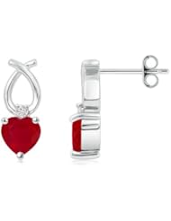 Round Diamond and Heart Ruby Earrings - 1 ct TGW
